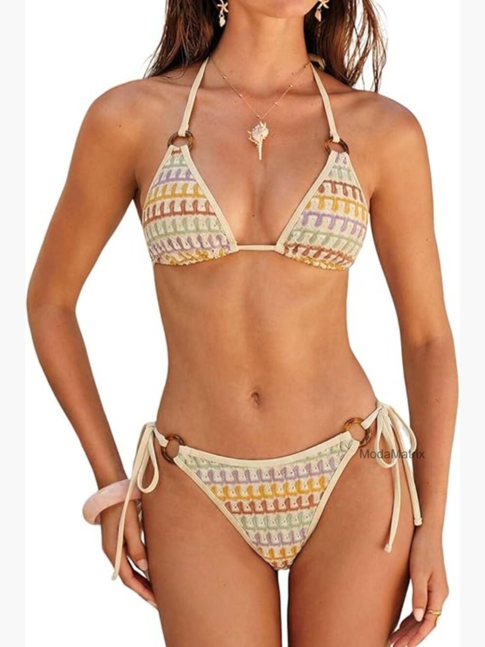 Triangle Bikini Set with O Ring Textured Two Piece Swimwear Tie Side Halter